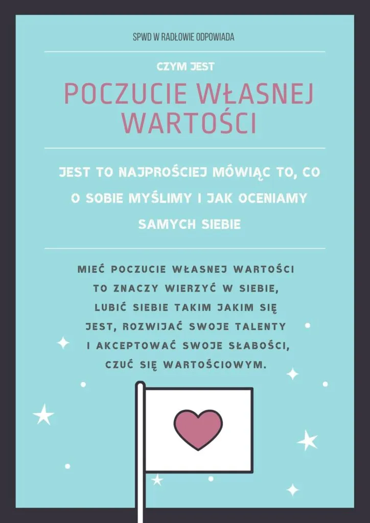 Obraz przedstawia plakat na temat poczucia własnej wartości. "SPWD w Radłowie odpowiada: Czym Poczucie własnej wartości? Jest to najprościej mówiąc to, co o sobie myślimy i jak oceniamy samych siebie. Mieć poczucie własnej wartości to znaczy wierzyć w siebie, lubić siebie takim jakim się jest, rozwijać swoje talenty i akceptować swoje słabości, czuć się wartościowym."