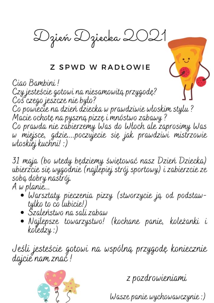 Obraz przedstawia plakat promujący dzień dziecka w SPWD w Radłowie w 2021 roku.