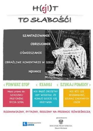 Obraz przedstawia plakat promujący akcję H(ej!)t (Hejt) to słabość!