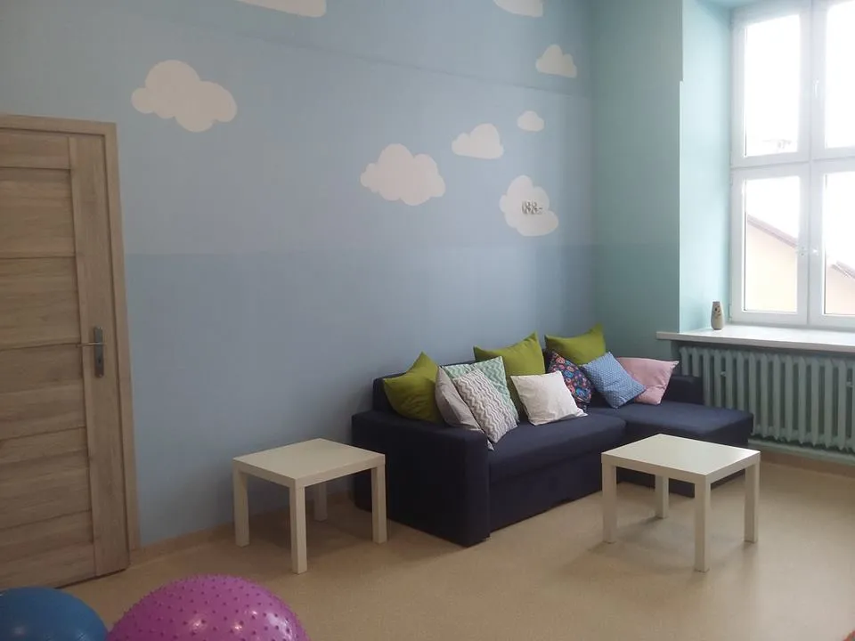 Obraz przedstawia wyremontowaną placówkę SPWD. Na zdjęciu widzimy sofę z poduszkami oraz stoliczki.