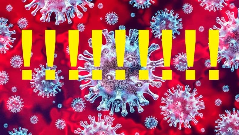 Zdjęcie prezentujące wirusy, z wieloma wykrzyknikami